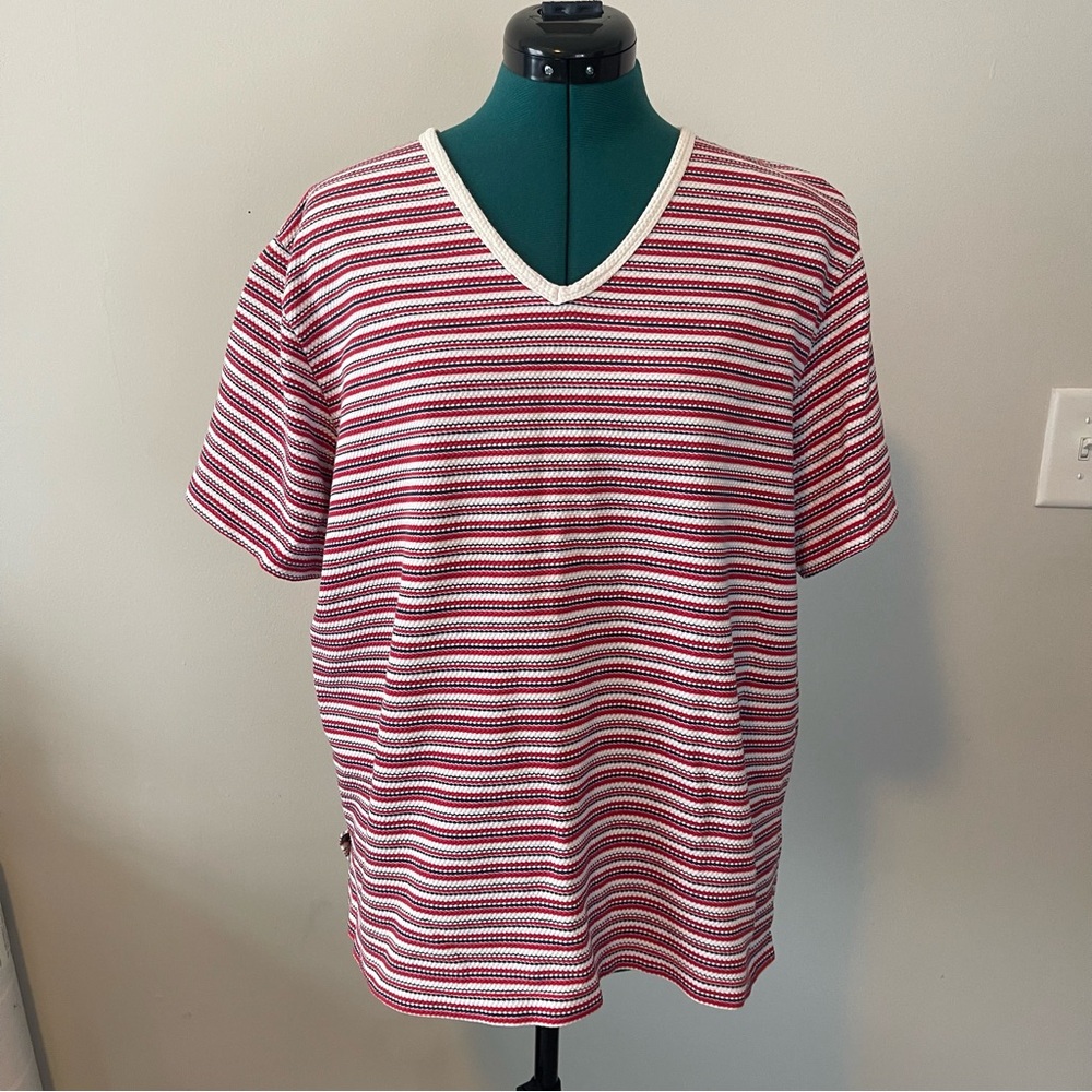 90s Red, White, and Blue Striped V Neck Tee Summer Americana 1X